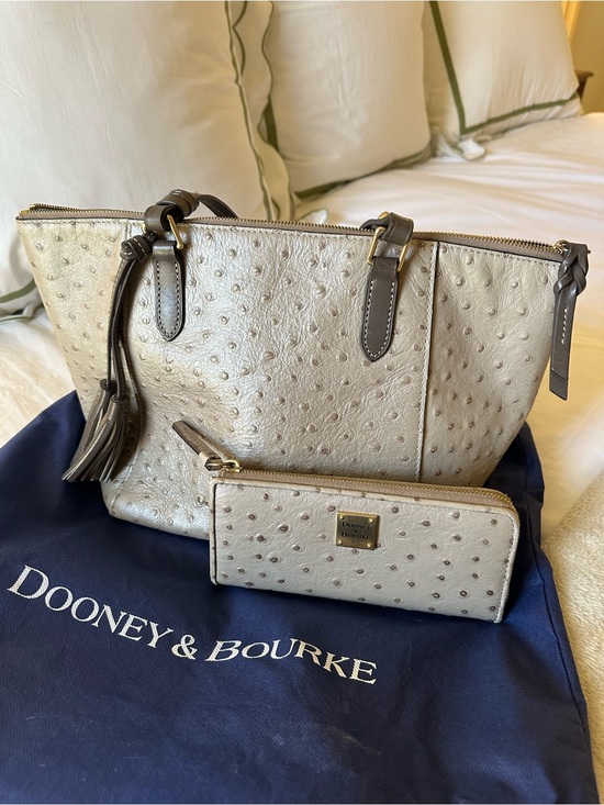 Dooney & Bourke Handbags - Dooney & Bourke Metallic Cream Ostrich-Embossed Tote with Wallet